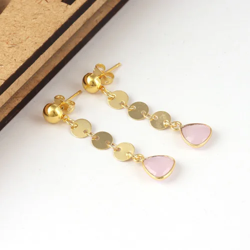 Bohemian vintage briolette cut pink quartz coin link dangle earring vermeil gold fashion statement handmade drop dangle earring