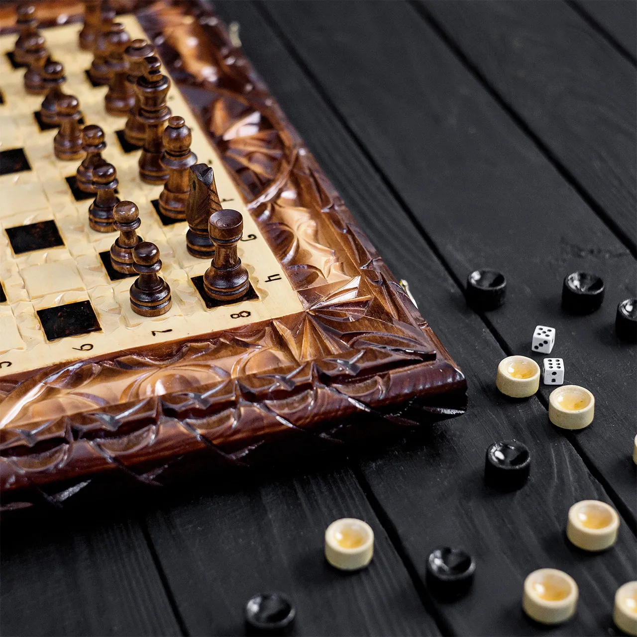 Handmade carved chess, checkers, backgammon 3 in 1 board game