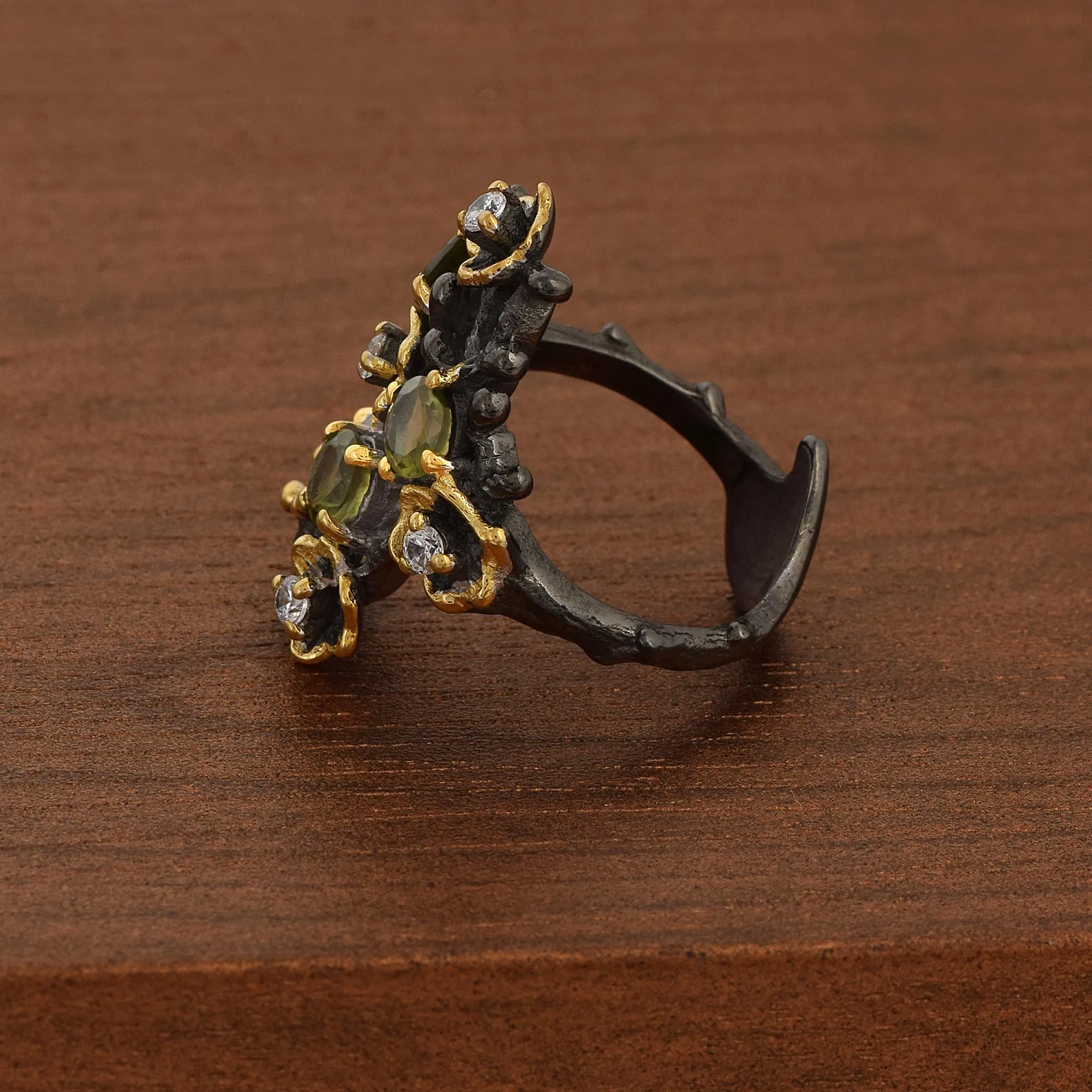 925 Sterling Silver Black Rhodium Gold Plated Tree Branch Moldavite Gemstone Cocktail Ring Cubic Zirconia Stone Fine Jewelry