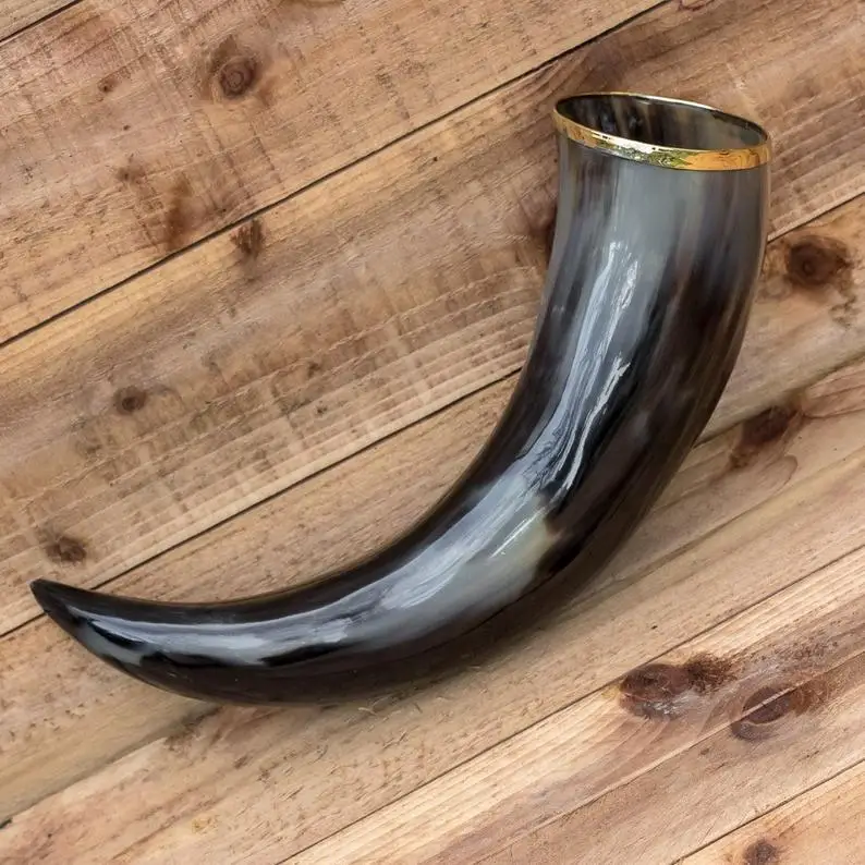 Indian Quality Natural Viking Drinking Horn with Horn Stand Carved Antique Viking Drinking Horn with Brass Rim