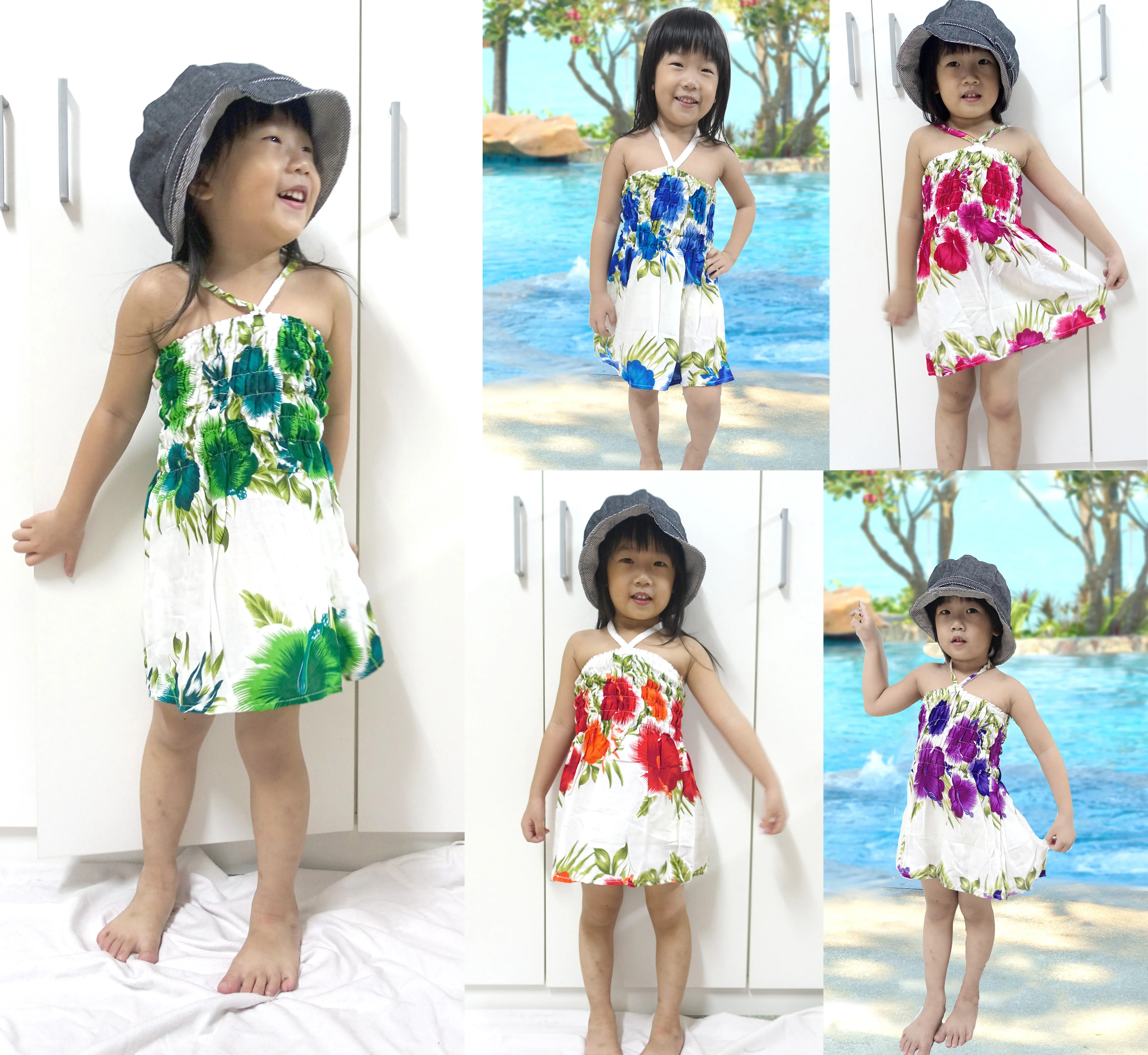 vintage retro thai HIPPIE BOHO HAWAII hibiscus BABY DOLL beach style girls kids children LONG MAXI DRESS
