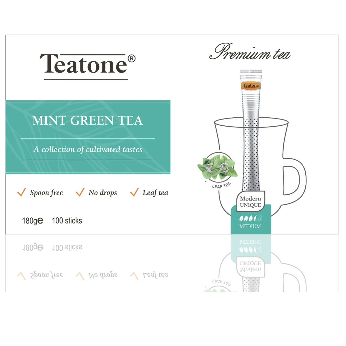Green tea with Mint in stick TEATONE 100 sticks in individual package * 1.8g High quality