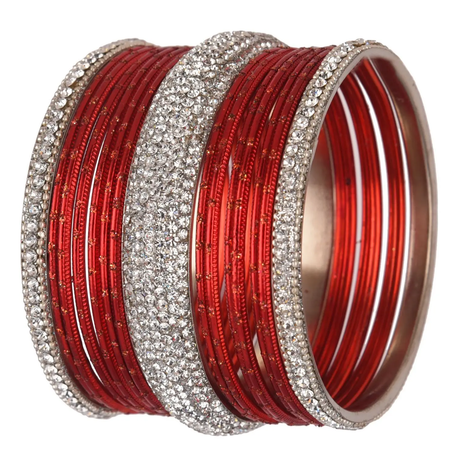 Indian Bangle Set CZ Crystal Glossy Plain Metal Bangle Bracelet Bridal Jewelry Wholesale, Red