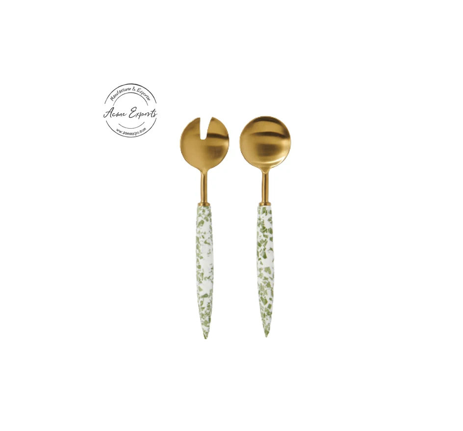 Customized Designed Luxury Brass Handcrafted Small Size Salad Severing Set Marble Stone Handle For Restaurants Royal Flatware