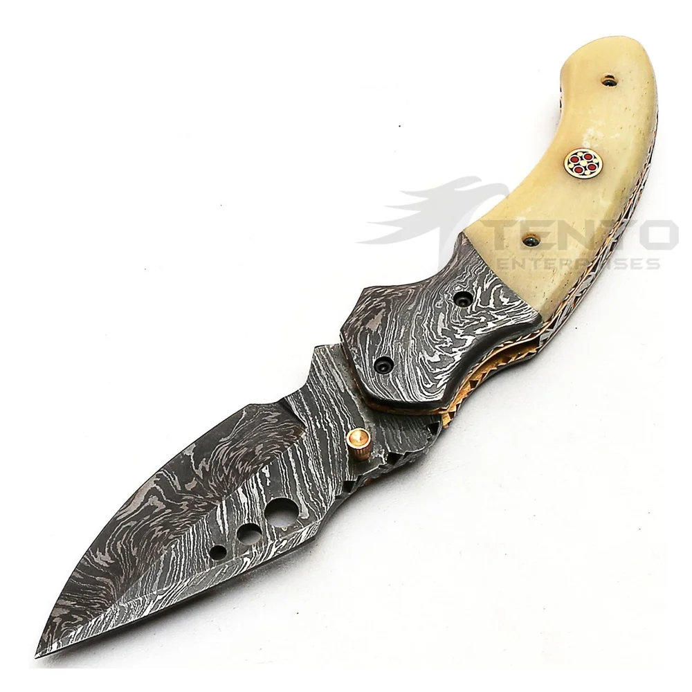 
Camel Bone Handle Damascus Folding Knife Pocket Clip Knife 