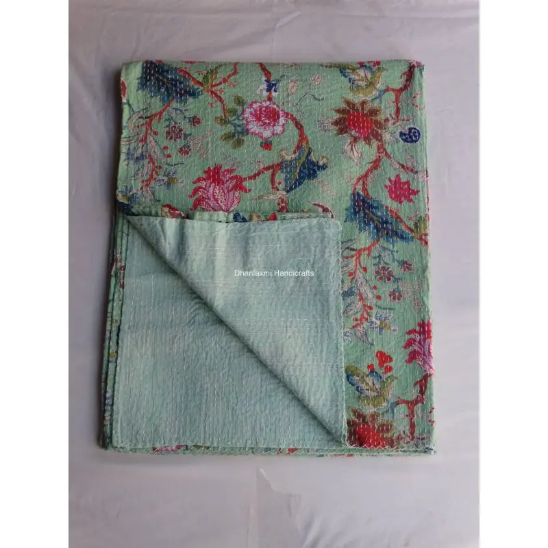Индийское Хлопковое одеяло Kantha ручной работы светло-зеленого цвета с цветочным принтом красивое цветочное покрывало оптовая продажа