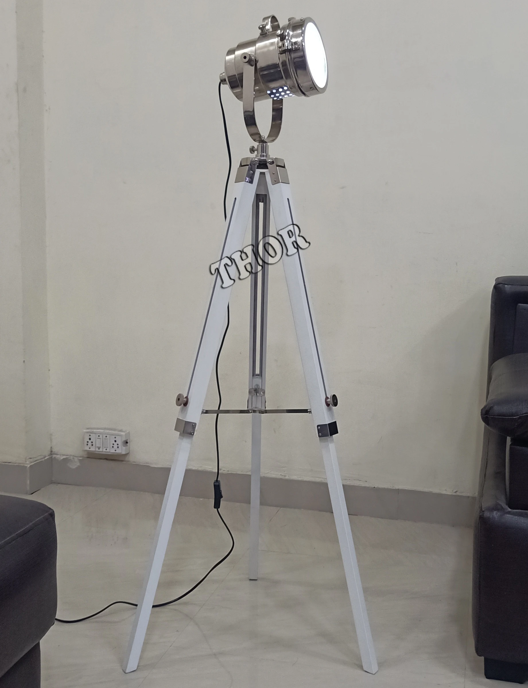 Floor Lamp ~ Nickel Plated Floor Spotlight with White Wooden Tripod Stand ~ Collectible Indoor Decor Light Floor Lamp