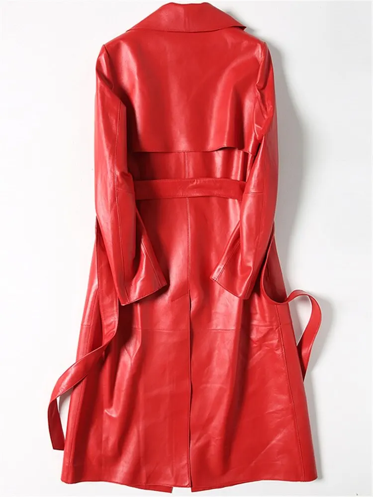 High Quality Genuine Leather Pure Sheepskin Leather Women Long Coat Spring Autumn