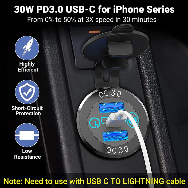 New Arrived Marine Auto RV Dc 12v Fast Charger Type-c USB Qc3.0 Dual USB Car Socket USB Car Charger