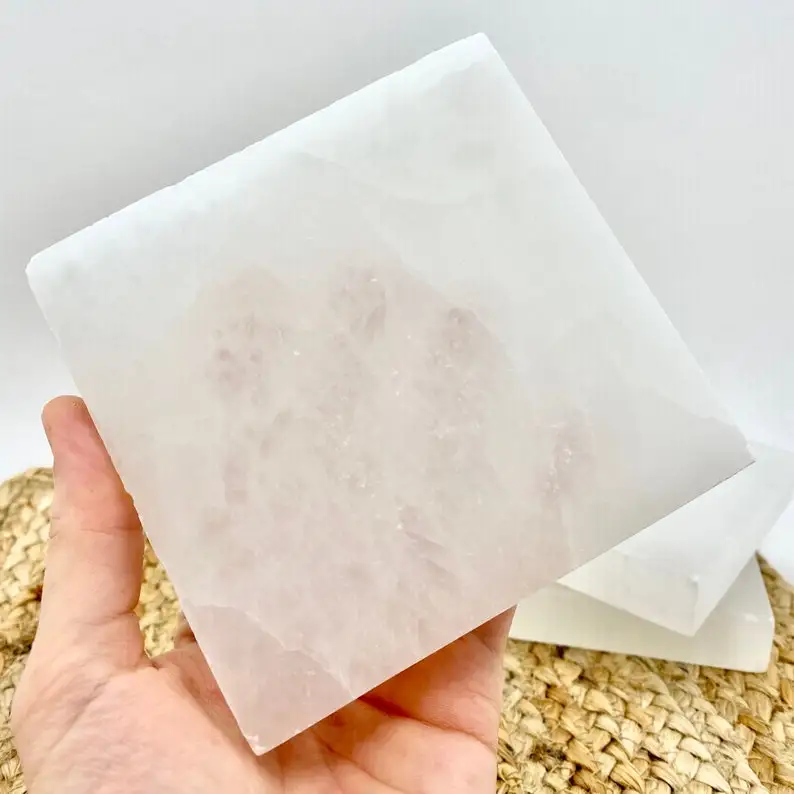 Beautiful Polished Crystal Selenite Charging Plate Square Shape Heart Etching Carved Technique Meditation Inspired Pyramid Stone