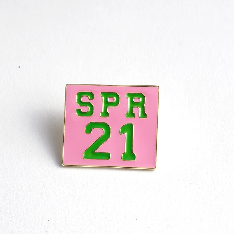 Custom Cute  Enamel Pins 18k Gold Plated Greek Sorority Square Pink and Green Spring 21 Lapel Pin Brooch
