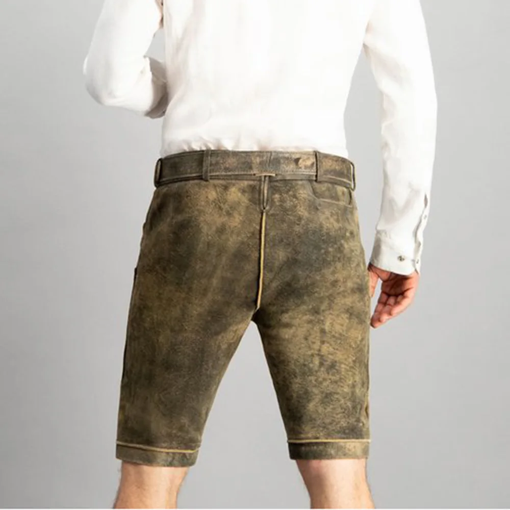 Premium Design Lederhosen Shorts Brown Color Plain Brown Bavarian Short Pants Elastic Waist Slim Fit Deer Leather Shorts