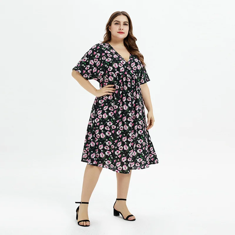 OEM ODM Black Color Deep V-Neck Plus Size Oversize Pink Flower Printed Clothing Big Women Casual Dress