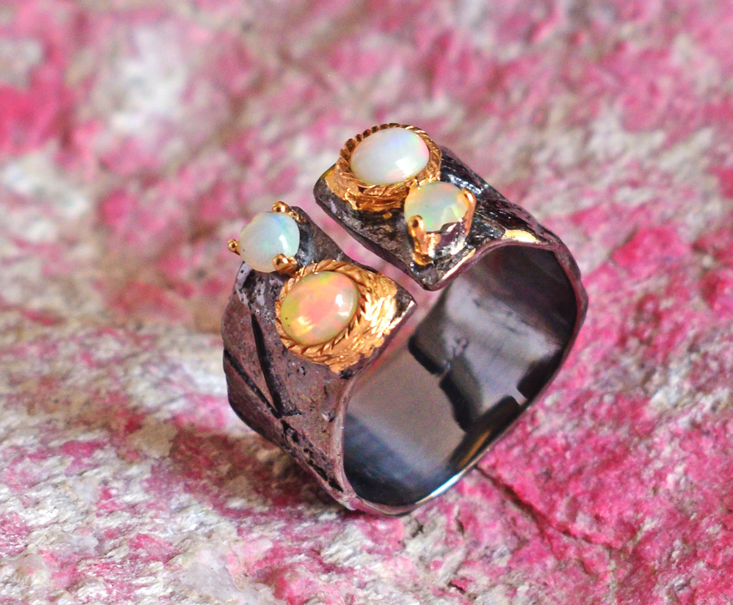 Ethiopian Opal Gemstone Yellow Gold Plated Ring Handmade 925 Sterling Silver Black Rhodium Wholesale Fine Jewelry For Women