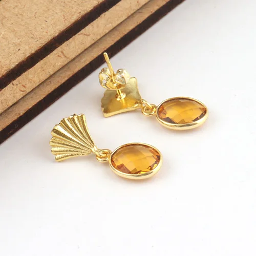 Good selling oval shape citrine quartz crown drop stud earrings brass gold plated party style bezel setting statement earrings