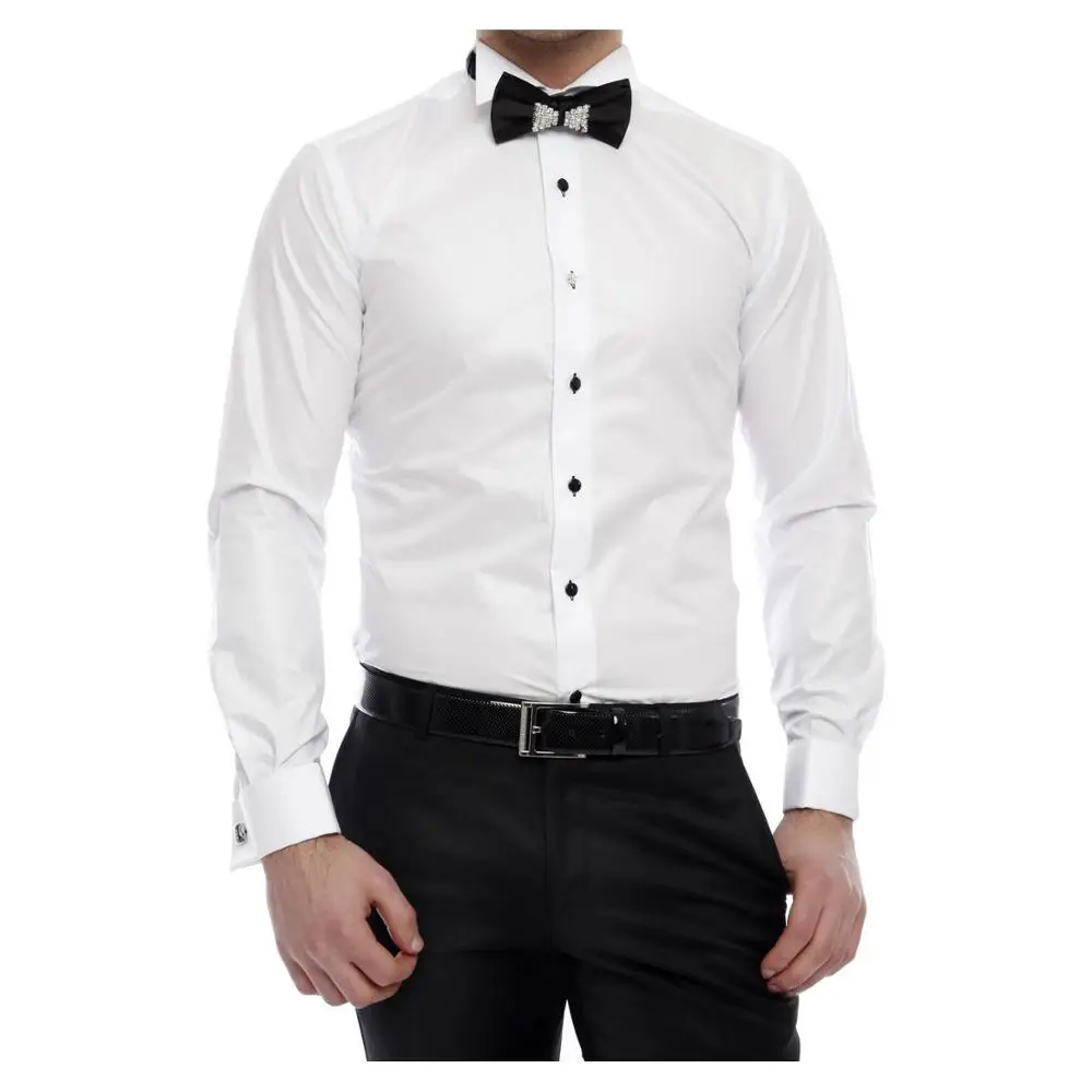 
 Рубашка мужская приталенная с двойными манжетами, смокинг, хлопок и полиэстер, воротник «Акулий плавник», белая  