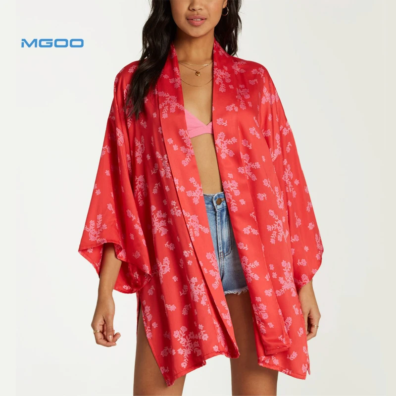 
MGOO Floral Allover Print Shape Sleeve Robe Rollover Collar Band Rayon Silk Woven Kimono Womens 