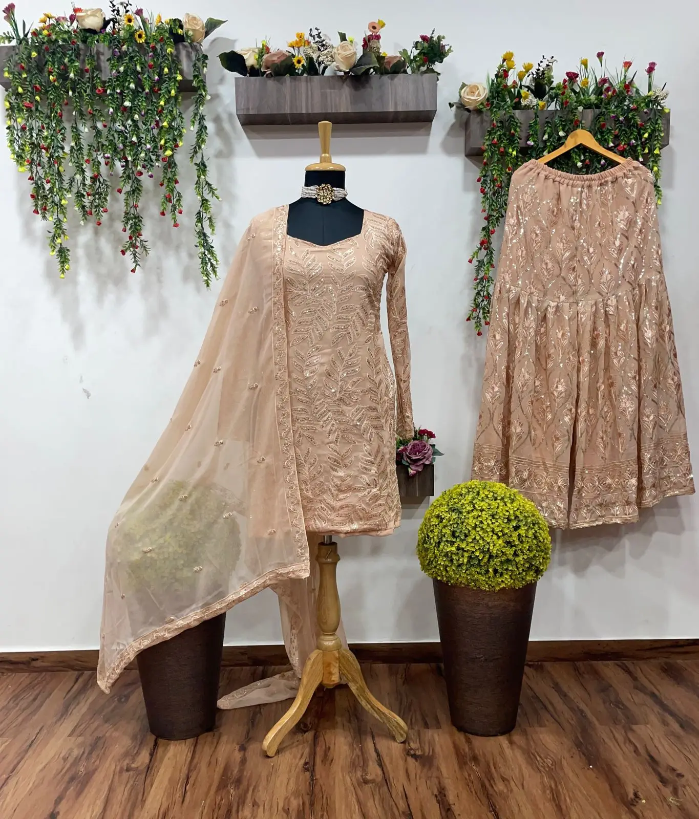 WOMEN RAYON A-LINE EMBROIDERY LONG KURTI WITH SHARARA BY OMVAGMINE