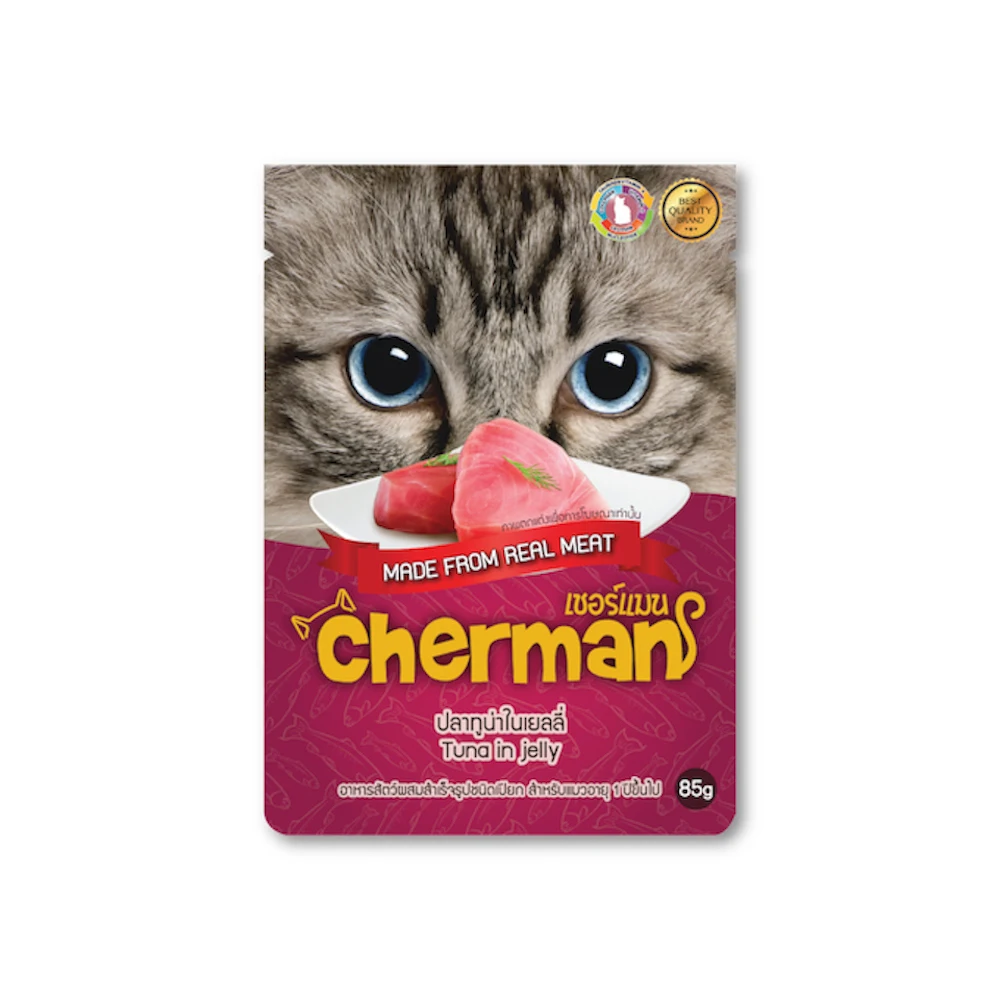 
Cherman, влажная кошка, еда для домашних животных, тунец в желеобразном пакете 85 г/футляр 