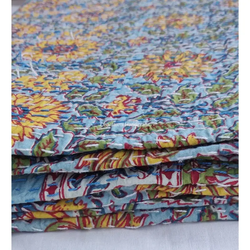 Разноцветное индийское Хлопковое одеяло Kantha с цветочным принтом ручной работы красивое цветочное покрывало оптовая продажа светло-зеленое