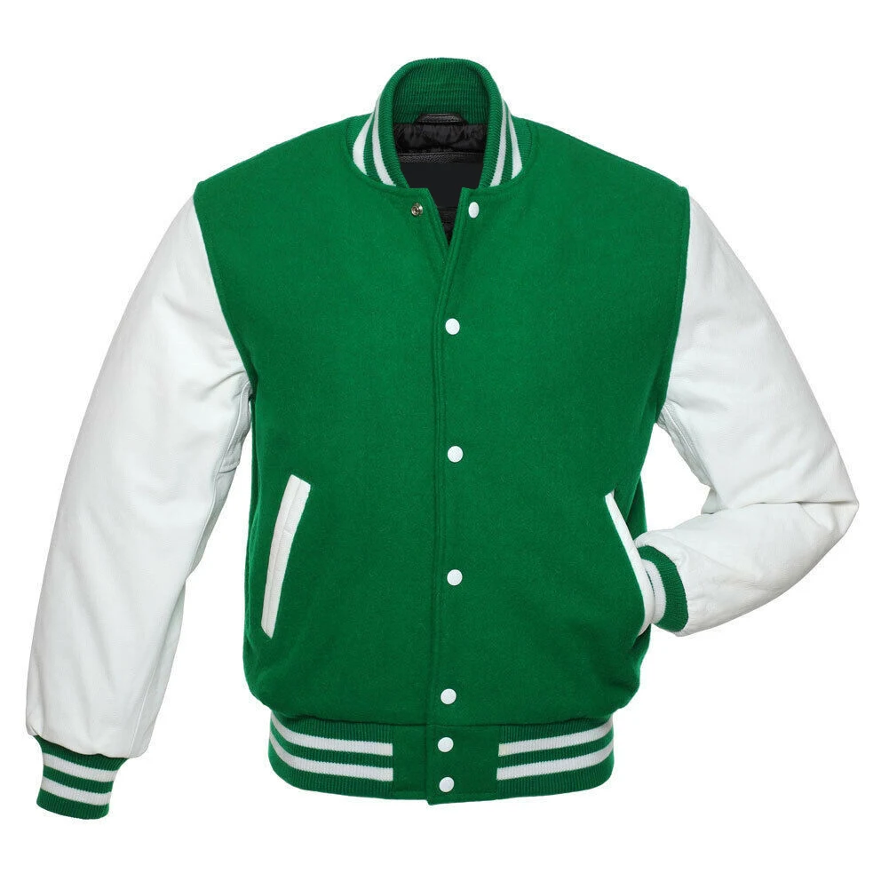
Custom Embroider Patched Logo Green body White Leather Sleeves Letterman Varsity Men Baseball Jackets With Leather Sleeves 