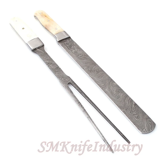 02-Piece Custom Hand Forged Damascus Chef BBQ Knives Fork Set High Quality Steel Kitchen Knife Sharp Features Boning Material
