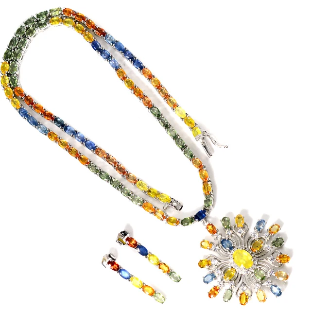 New Arrival Natural Multi Sapphire Gemstone 925 Solid Silver Women Jewelry Pendent Necklace Earring Set Manufacturer From India
