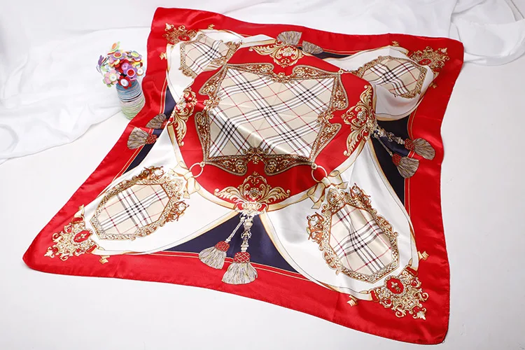 Wholesale polyester satin silk feeling 90x90 square printing women neck scarf custom