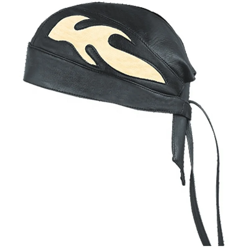 HMB-901H3 LEATHER FLAMES SKULLCAP DURAG HEAD WRAP BANDANA SKULLCAP HATS SCARF BIKER WEAR