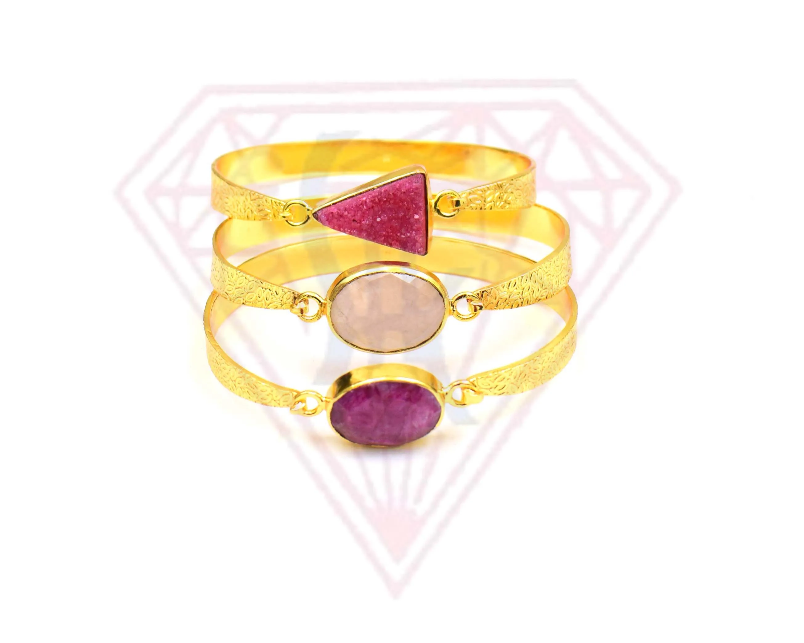 Plated Jewelry Bangles Bracelets Gold Quartz Druzy Gemstone Bangle~ Dyed Ruby Gemstone Bangle~ Rose Pink Brass Buddhism Agate