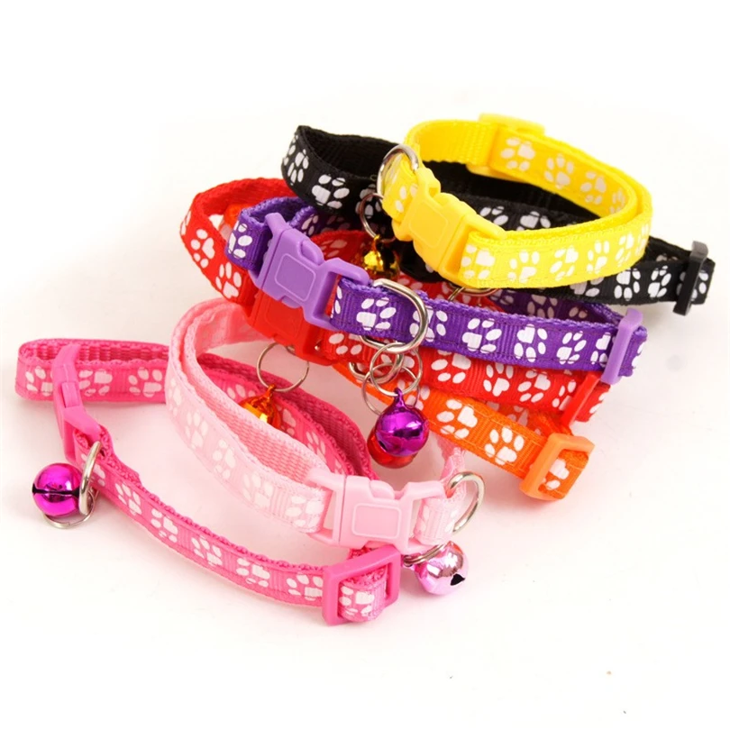 Manufacturer wholesale multi-colors paw print adjustable nylon cat dog collar with bell