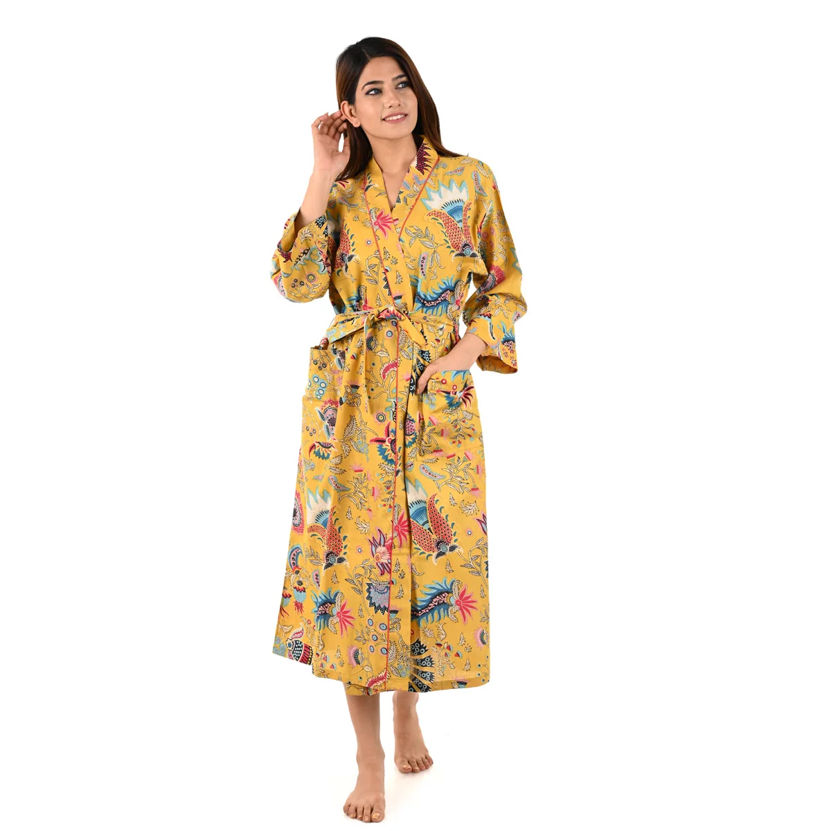 Женское длинное банное кимоно из хлопка с принтом
