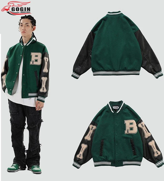 Wholesale Hip Hop Furry Bone Patchwork Color Block College Jackets Mens Casual Bomber baseball Jacket Women Baseball Coats