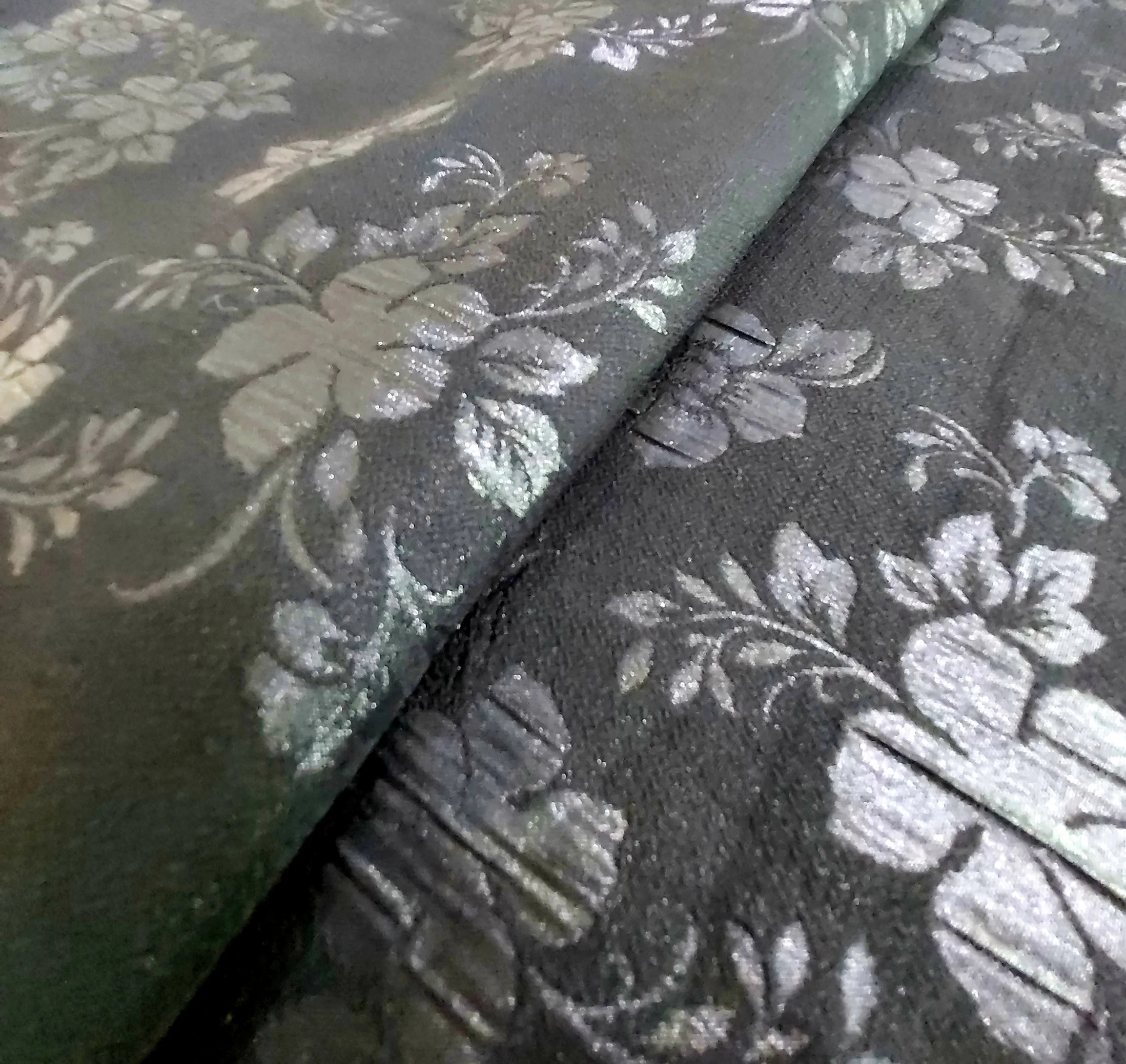 Jacquard Formal Black Fabric With Flocking Shiny Silver Metallic Floral Pattern For Muslim Women Long Dress Abaya #H138D