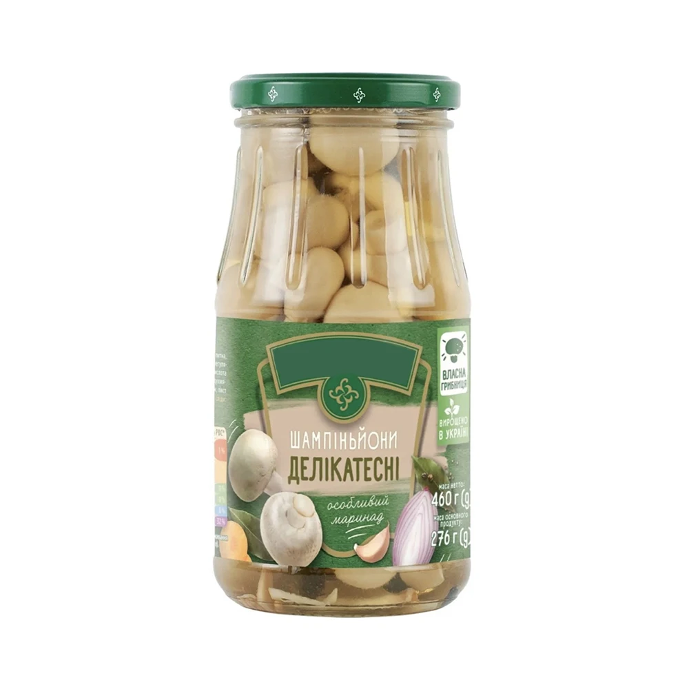 Delicacy marinated champignons in 460 g Glass jar, HALAL, ISO, 18 Months Shelf Life