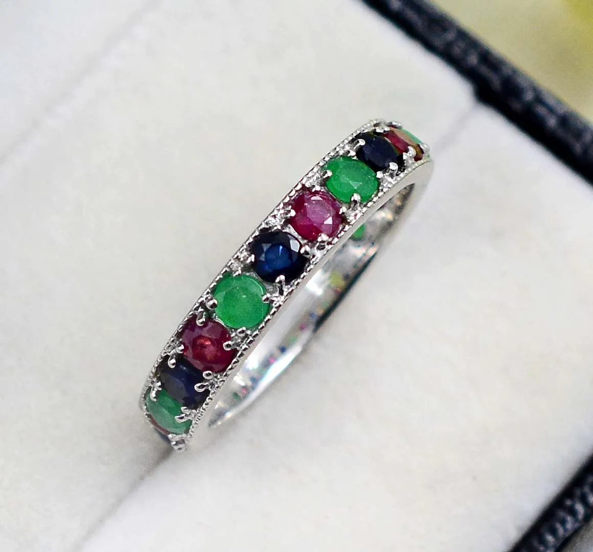 Top Quality Natural 3 MM Round Ruby Emerald Sapphire Multi Gemstone 925 Sterling Silver Women Designer Ring By Indian Exporter