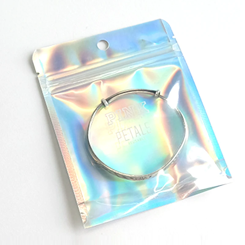 Упаковка для ювелирных изделий на заказ с логотипом, сумка для висячих сережек, пакет из полиэстера, голографический прозрачный стоячий мешок с передним дисплеем