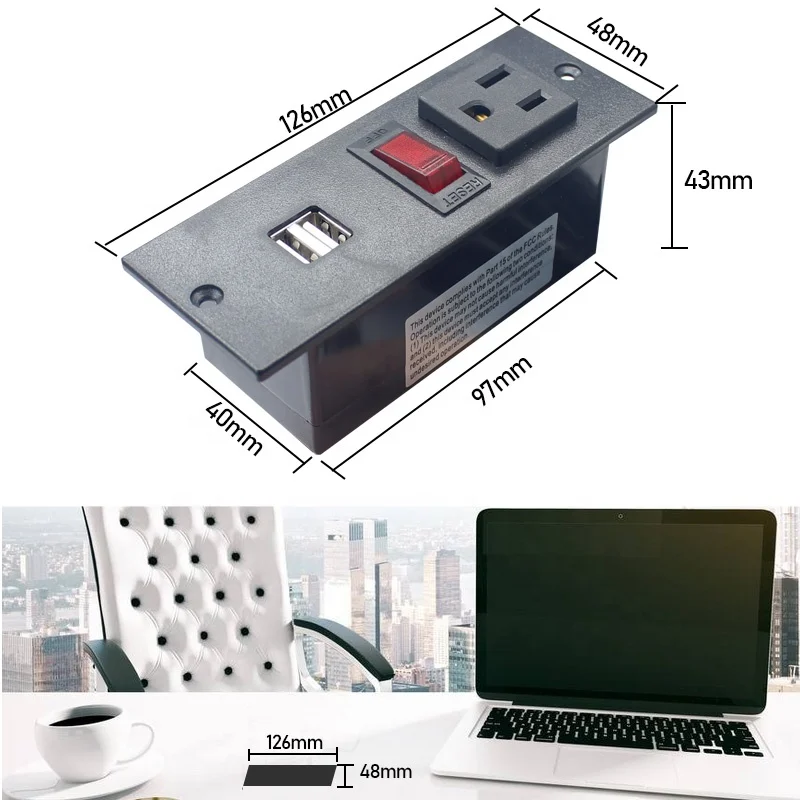 Hot sell Hotel wall mounted 2 USB power socket and 2 AC outlet socket with circuit breaker switch power strip
