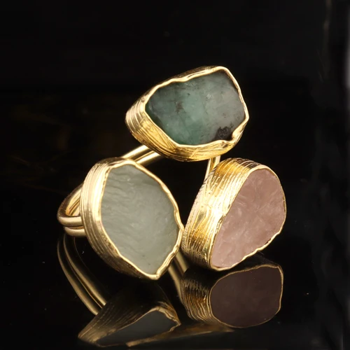 Handmade jewelry real raw aquamarine rose quartz & emerald ring texture finish gold plated three birthstone adjustable ring gift