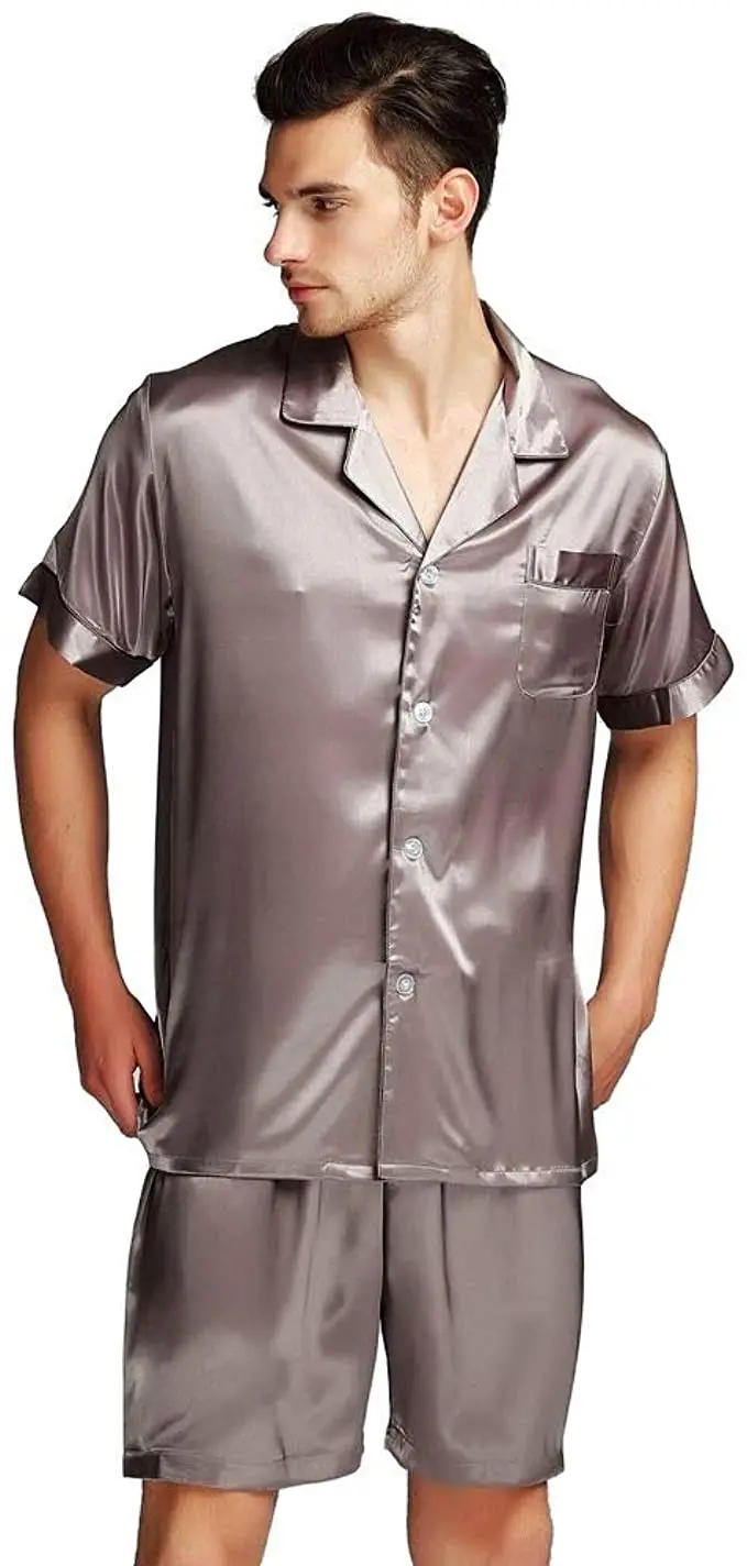 rounded neck Summer Satin Silk Pajamas Shorts Male Pajama Set Soft Nightgown for Men Silk Sleepwear Men sporting Sleepwear