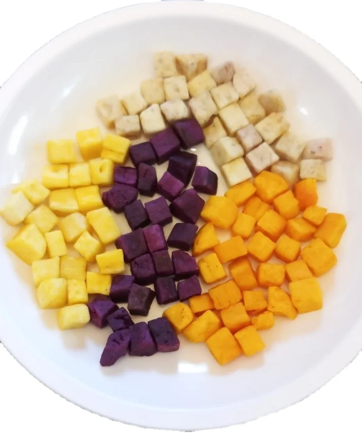 VACUUM FRIED TARO, PURPLE YELLOW ORANGE POTATO DICE, CRISPY, SNACK, HEALTHY NATURAL PREMIUM SNACK
