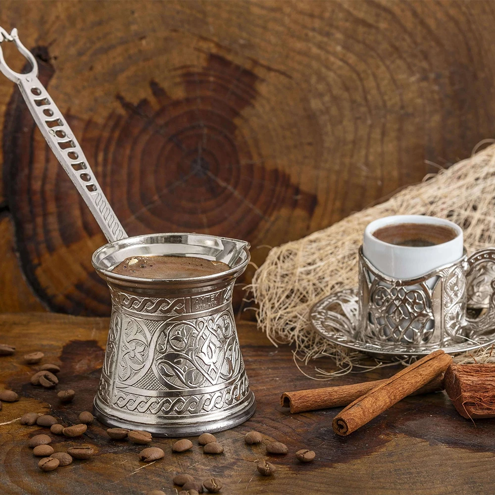 Handmade Turkish Coffee Pot Camping Coffee Pot for the Stove Top Greek Arabic Coffee Maker Cezve with Brass Handle
