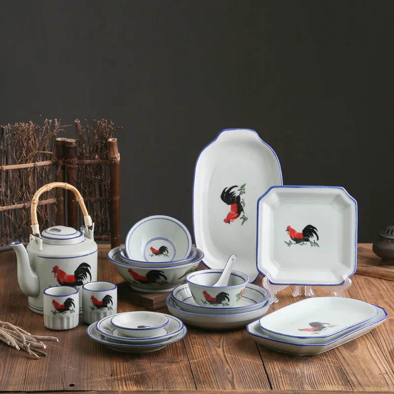 Jade-cer Vintage Hand-painted Cock Design Ceramic Dinnerware Set Porcelain Bowls Dishes & Plates