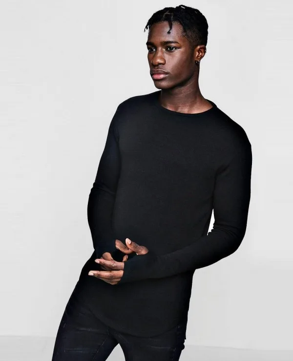 Super Soft Touch Longline Curved Hem Square Neck With Thumbhole  Cotton T Shirt Men Wholesale Top Quality