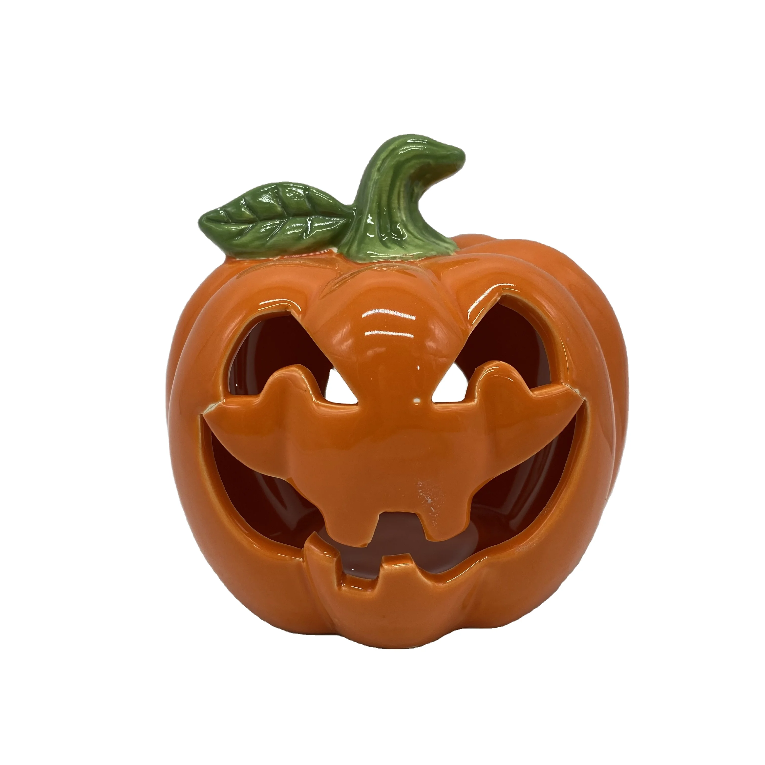 
hot sale small ceramic holiday ornament halloween pumkin tealight house 