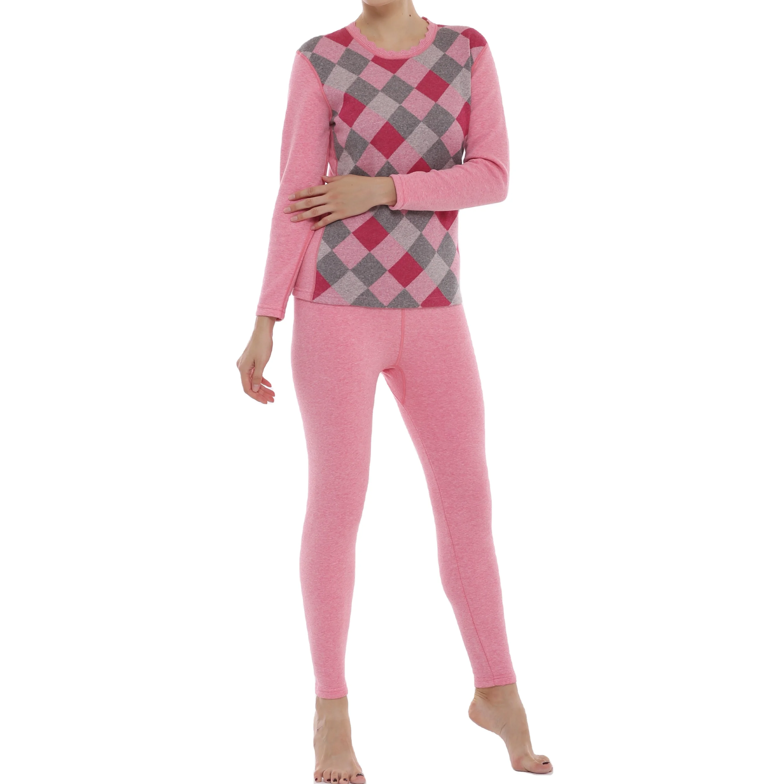 
Scotland Style Fleece Long Sleeve Shirts Underwear Set Lingerie Set Women Cotton & Spandex Flaur Pattern Plaid Pink 