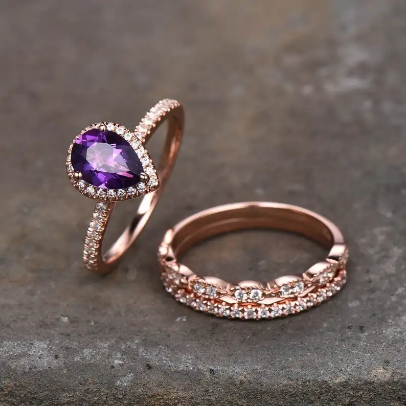 Amethyst Engagement Ring Set Stacking Wedding Bands February Birthstone Rose Gold Plated Bridal 925 Silver