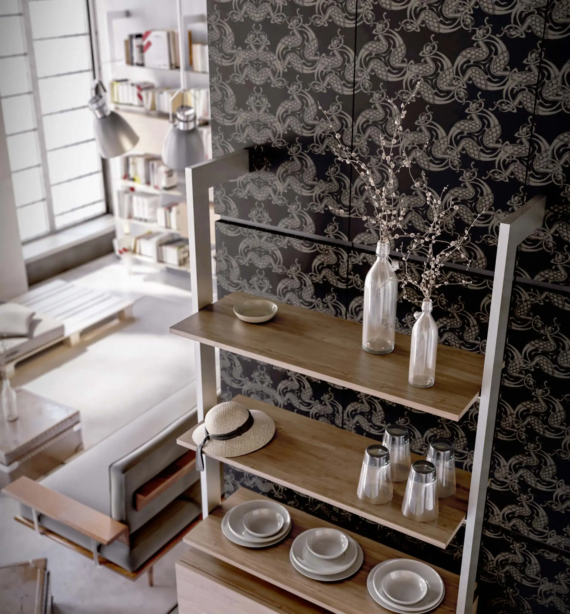 Top quality H 208 L 90 cm wall-mounted bookcase with metal or wooden shelves for home