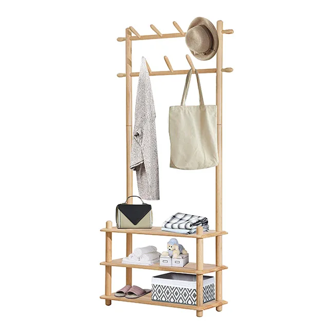 High Standard Super Stable Multipurpose Solid Wood Coat Rack with 2 Layer Clothes Hanger with Shelves Portable Wardrobe