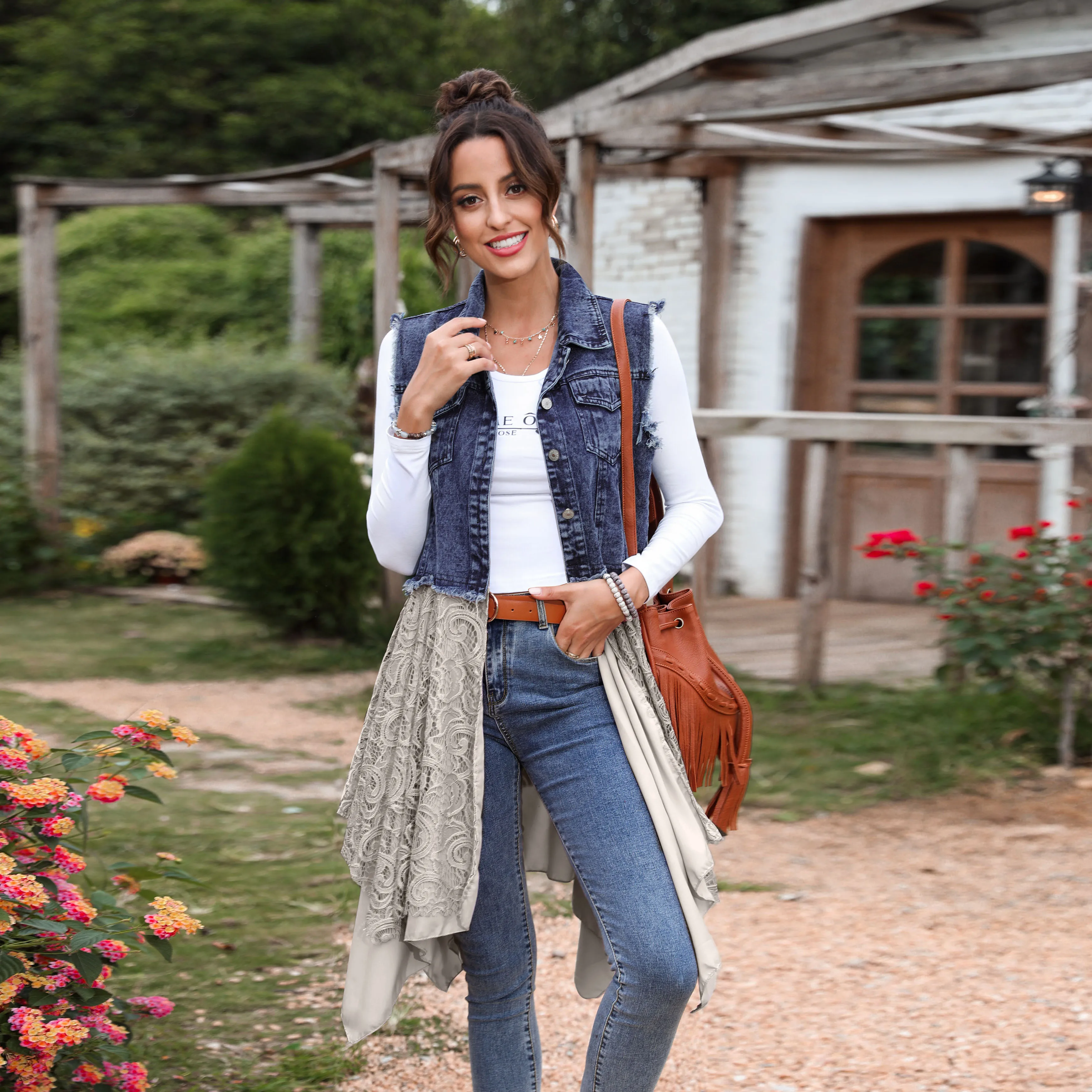 Denim &  Lace Handkerchief Button-Up Longline Vest